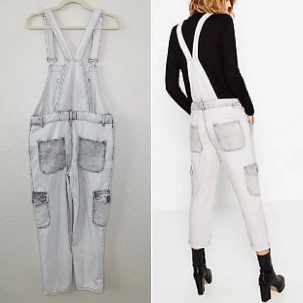 Zara Basic Bleach Distressed Cargo Style Jeans Overalls, Sz Small - Picture 9 of 15